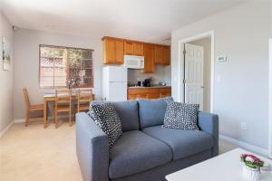 sala de estar con sofá azul y cocina en Bright Quiet Comfy 1BR Cottage in Mountain View, en Mountain View