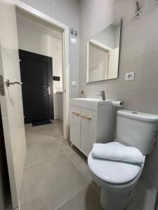 uma casa de banho com um WC, um lavatório e um espelho. em Encantador Apartamento en Lebrija em Lebrija