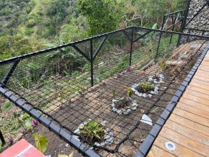 a cage with flowers and plants on a deck at Entre Verdes Hotel & Glamping in Medellín