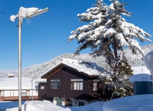 a house in the snow with a tree at Dennojo in Nozawa Onsen