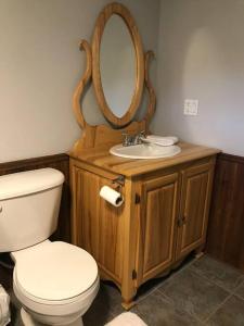 een badkamer met een toilet en een wastafel met een spiegel bij Belle maison avec vue sur la rivière in LʼAnse-Saint-Jean