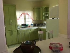 uma cozinha com armários verdes e uma chaleira de chá no balcão em Compassionate Touch Spa em Newcastle Village