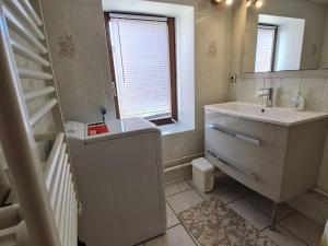 a bathroom with a sink and a toilet and a window at Gîte de charme dans ferme lorraine avec jardin clos, à proximité de sentiers et base de loisirs - FR-1-584-32 in Pulney +13 photos