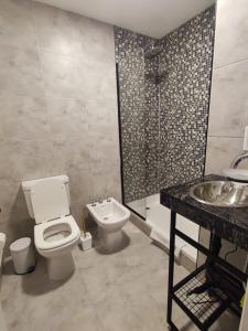 薩爾塔的住宿－Departamento - Salta Capital sm - Edificio Usina，浴室配有卫生间、盥洗盆和淋浴。