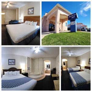 four different pictures of a hotel room with two beds at Flamingo Inn in South Padre Island