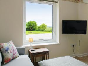 a living room with a window and a tv at The Garden Apartment in Saint Columb Major