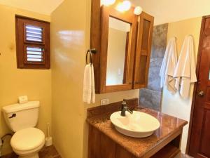 a bathroom with a sink and a toilet and a mirror at Hotel Alegria in Cabarete