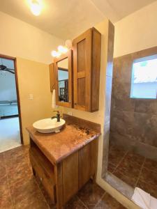 y baño con lavabo y ducha. en Hotel Alegria, en Cabarete