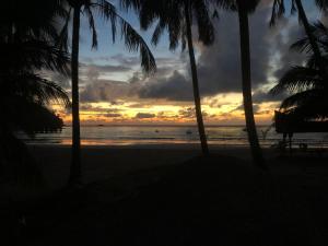 a sunset over the ocean with palm trees on the beach at Tiongman Scubadive & Lodge in Tioman Island