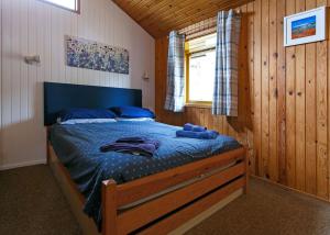 a bedroom with a bed with blue sheets and a window at Lochearnhead Loch Side in Lochearnhead
