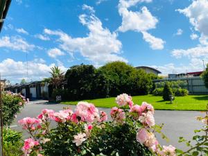 a bunch of pink flowers in front of a parking lot at Mid Valley Motel in Morwell