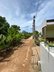 a dirt road next to a house with plants at Hutch Lodging House in El Nido