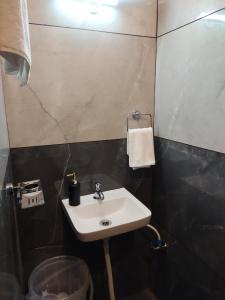 uma casa de banho com um lavatório branco e um espelho. em The Rudra Homestay, Garudeshwar em Garudeshwar