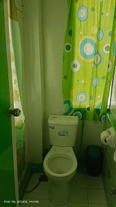a bathroom with a toilet and a shower curtain at Ustaris Homestay in Itaytay