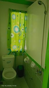 a bathroom with a toilet and a shower curtain at Ustaris Homestay in Itaytay