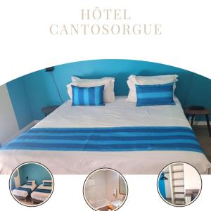 dos fotos de una cama con almohadas azules y blancas en Hotel Cantosorgue, en LʼIsle-sur-la-Sorgue