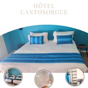 two pictures of a bed with blue and white pillows at Hotel Cantosorgue in LʼIsle-sur-la-Sorgue