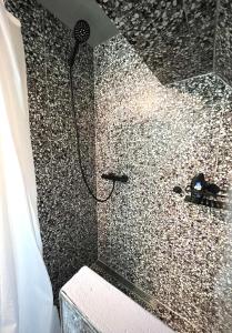 y baño con ducha y pared de mosaico. en Schönster Blick auf Oppenheim!, en Oppenheim