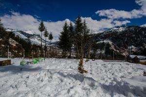 einen schneebedeckten Park mit Bäumen und Bergen im Hintergrund in der Unterkunft Baan by Snow City Farm in Vashisht