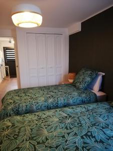 um quarto com uma cama com um edredão verde em Le 26 em Ruffec