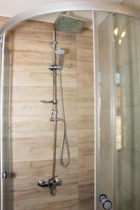 a shower with a shower head on a wooden wall at Stavroulas Stone House in Rigklia, Messinia in Riglia