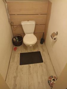 a bathroom with a toilet and a wooden floor at Štolcova room in Komárov