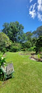 a green bench sitting in a field of grass at English Gardens - Forest Spa Suite in Springbrook