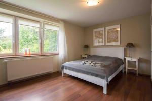 a bedroom with a bed and two windows at Urokliwe Apartamenty w Szczyrku in Szczyrk