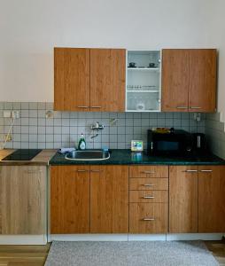 a kitchen with wooden cabinets and a sink at Apartmány u Arény Ostrava in Ostrava