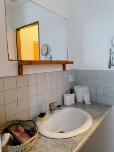 a bathroom counter with a sink and a mirror at Apartmány u Arény Ostrava in Ostrava