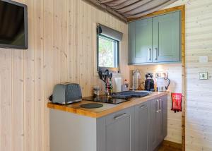 a kitchen with wooden walls and a counter top at Riverside Cabins in Shrewsbury