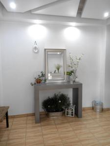 a room with a mirror and a table with a plant at Hostal Casa Pajaritos in Taxco de Alarcón