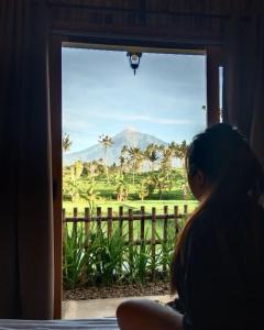 a woman looking out a window at a mountain at Sawah Ijen in Licin