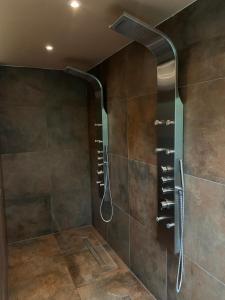 a bathroom with a shower with a glass door at Suite & Wellness in Breskens