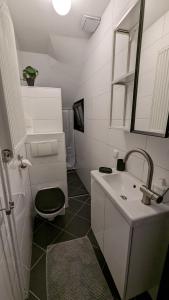 Baño blanco con lavabo y aseo en Heiligeweg 48, en Harlingen