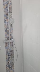 a shower in a bathroom with a tile wall at Superbe Appartement avec vue Mer et Piscine in Saint-Raphaël