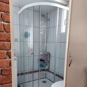 a glass shower with a blue chair in a bathroom at Căsuța din poveste in Sohodol