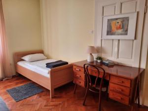 Schlafzimmer mit einem Schreibtisch und einem Bett sowie einem Schreibtisch sidx sidx sidx in der Unterkunft Apartman Soda in Ogulin