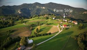 an aerial view of a farm site in the mountains at Tourist Farm Strle With Great Local Food in Cerknica