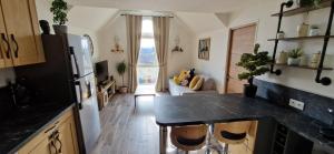 a kitchen with a refrigerator and a living room at La magie Disney à 5 min Superbe & Cosy Appartement 4 personnes in Magny-le-Hongre