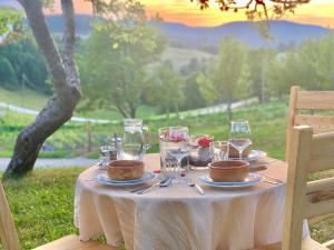 einen Tisch mit Gläsern und Geschirr darüber in der Unterkunft Tourist Farm Strle With Great Local Food in Cerknica