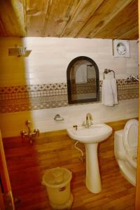 W łazience znajduje się umywalka, toaleta i lustro. w obiekcie DAMYANTI RESORT w mieście Bhimtal