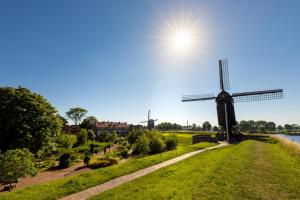 a windmill in a field with the sun in the sky at In den Verdwaalde Koogel in Heusden