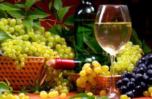 a glass of wine next to a basket of grapes at Bonaca in Sutomore