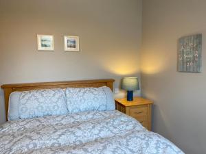 a bedroom with a bed and a lamp on a night stand at Village Way Apartments in Kincasslagh
