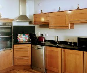 a kitchen with wooden cabinets and stainless steel appliances at Village Way Apartments in Kincasslagh