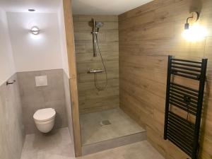 een badkamer met een douche en een toilet. bij Maison 10 personnes, isolée. in Grandes Sables
