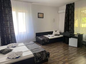 a hotel room with two beds and a window at Pensiunea Contesa in Sovata