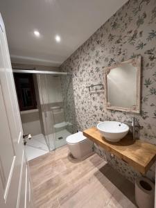 uma casa de banho com um lavatório, um WC e um espelho. em Caraxolas em Lugo