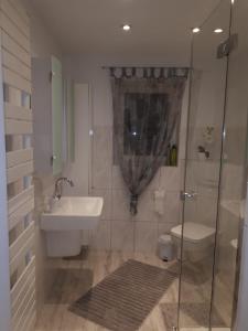 uma casa de banho com um chuveiro, um lavatório e um WC. em Ferienwohnung Hansen-Jöns em Friedrichstadt